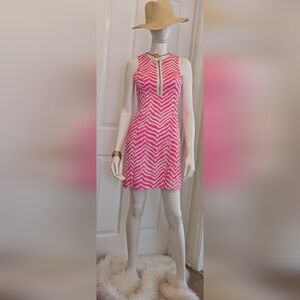 Lilly Pulitzer Penelope Gem Pink and White Chevron Dress 0